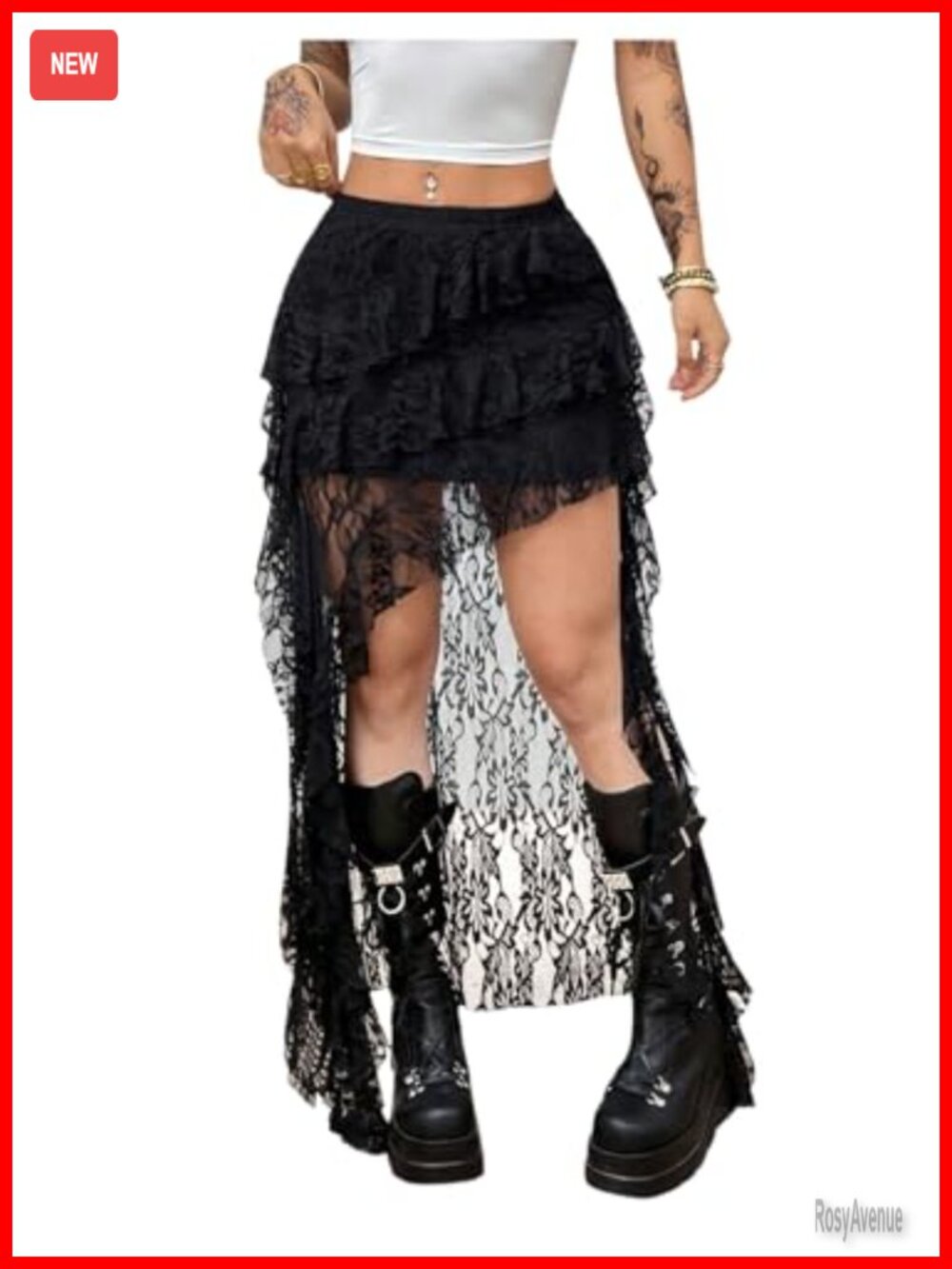 Lace Ruffle Boho Maxi Skirt Asymmetrical Flowy Tiered Western Cowgirl